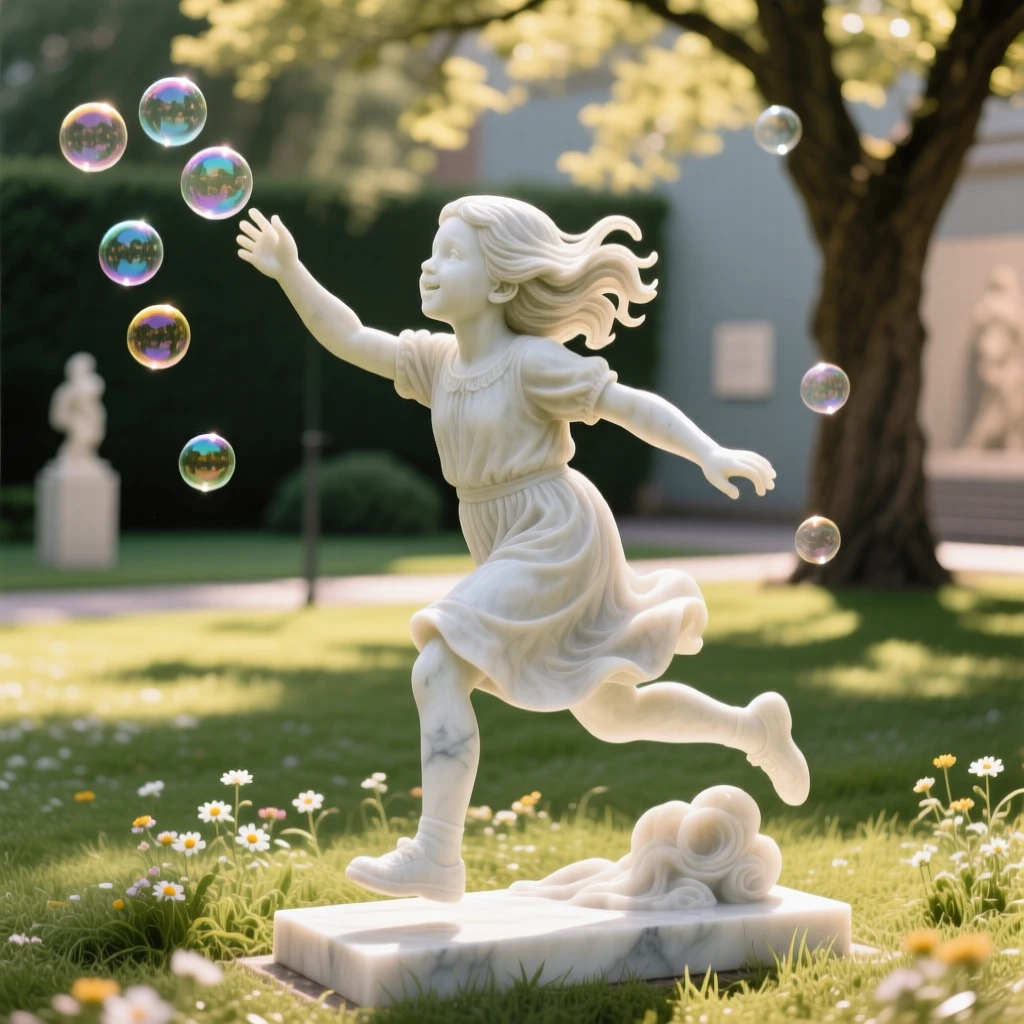 A beautifully composed image of a young girl chasing bubbles in a sunlit yard, surrounded by soft, glowing light, full of atmosphere and visual storytelling