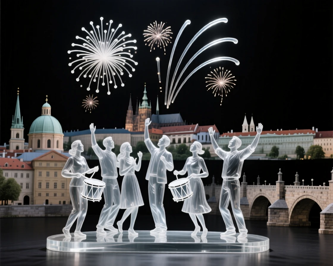 A group celebrating with fireworks over a historic city while drums echo steadily through the crowd