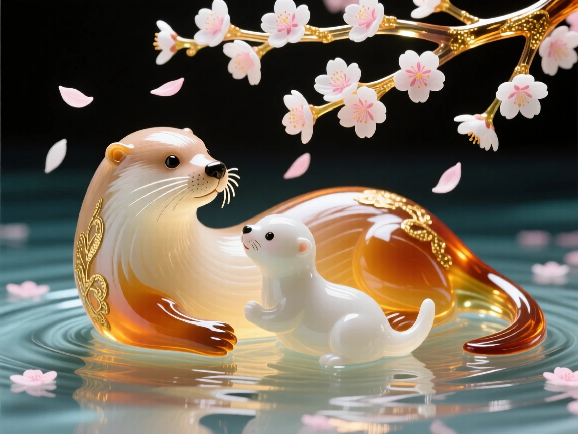 A mother otter and pup floating together beneath drifting cherry blossom petals, tender and playful.