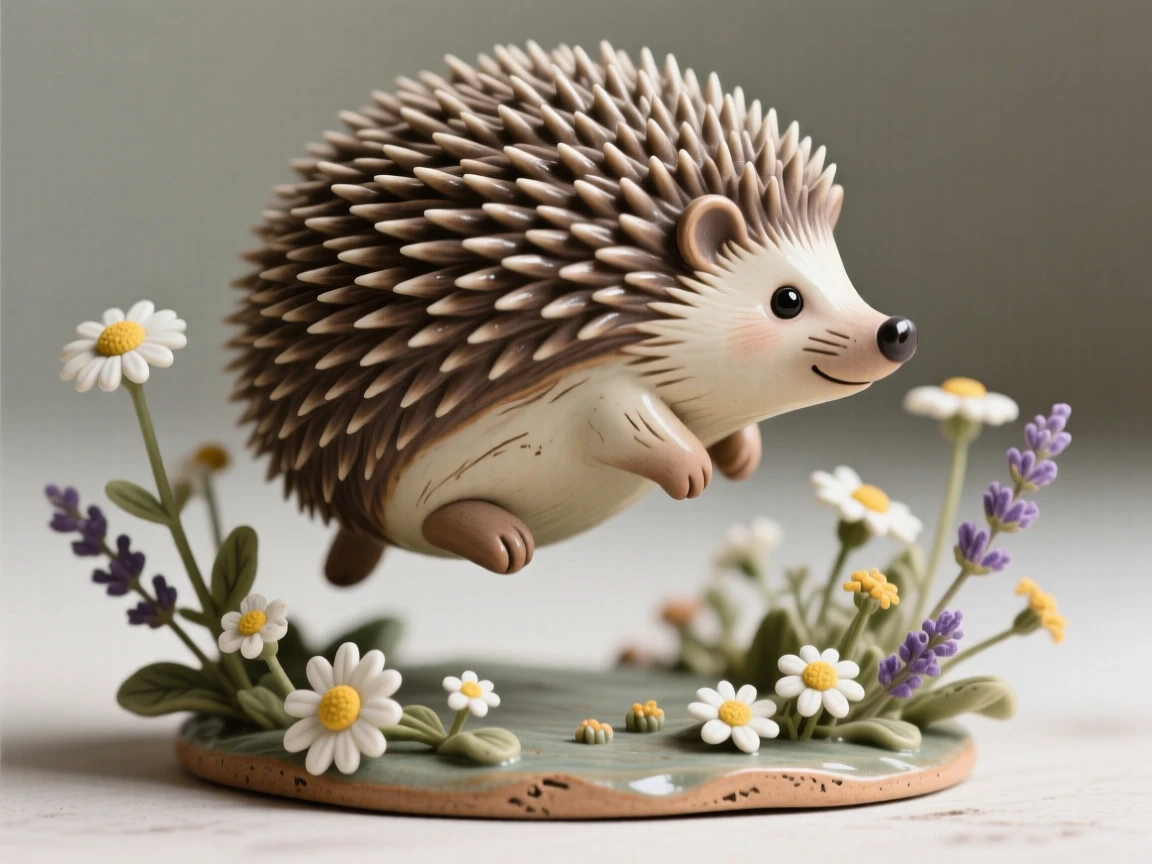 A hedgehog curled into a ball caught in a playful leap, surrounded by wildflowers in soft bloom, conveying calm strength and quiet pride.