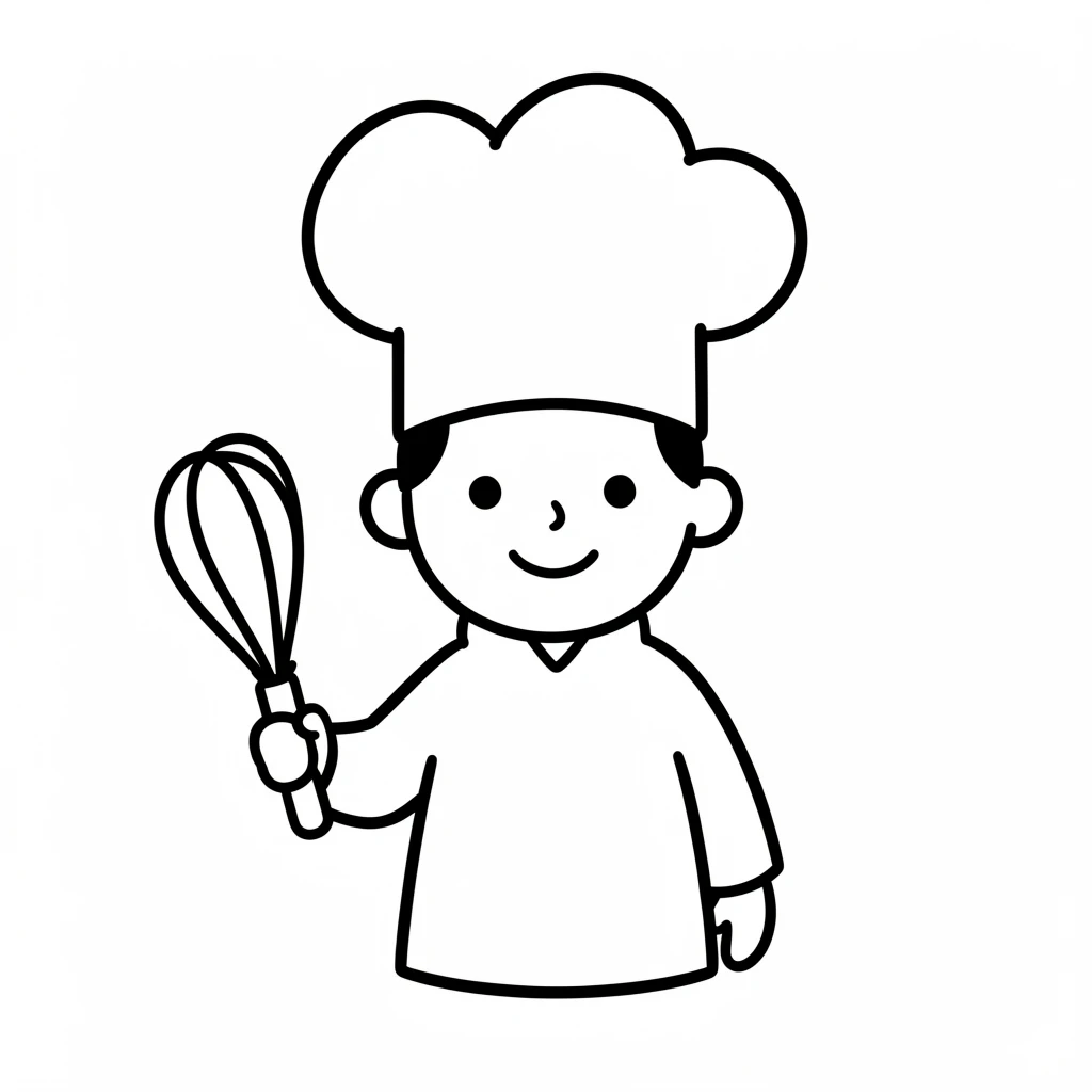 Minimalist cartoon chef illustration with a puffy hat and whisk, perfect for cooking or baking themes.