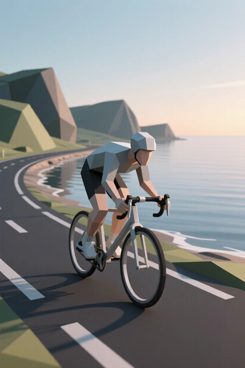 A cyclist racing along a scenic coastal road, beside a tranquil lake at dawn. fine details highlight skill and craftsmanship. The moment radiates confidence and joy.