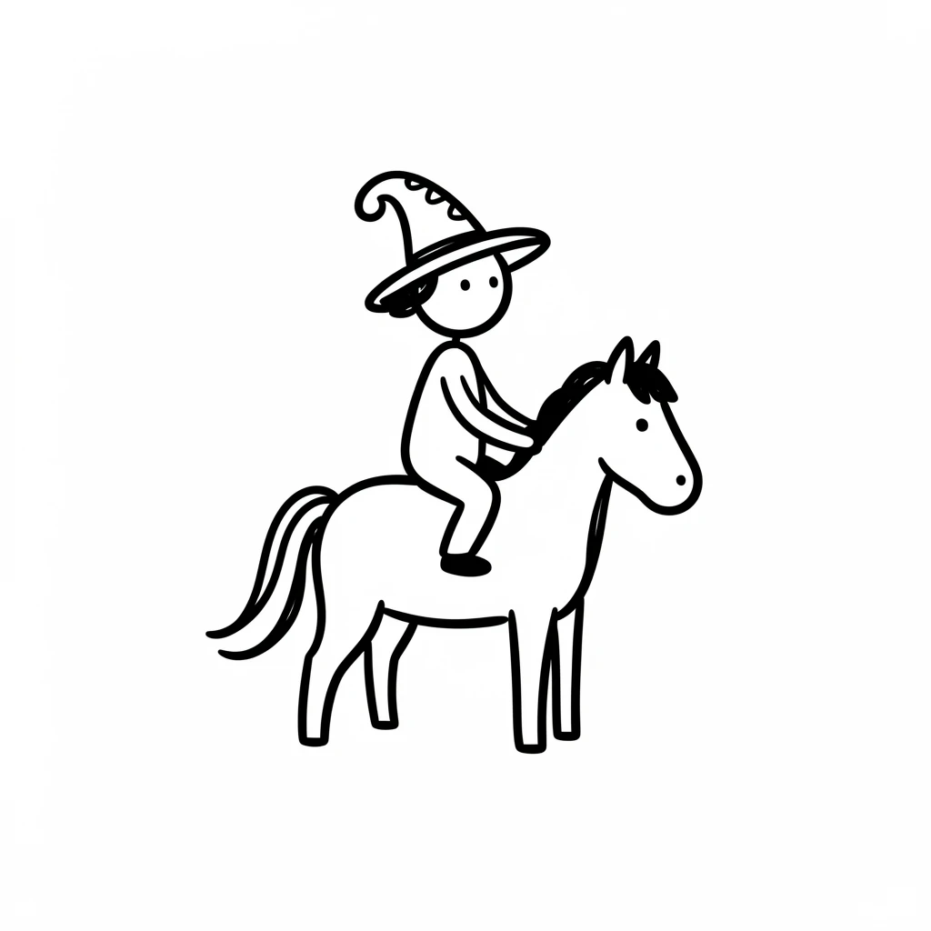 Minimalist stick figure drawing of a person in a hat riding a horse, with bold black lines on a white background.