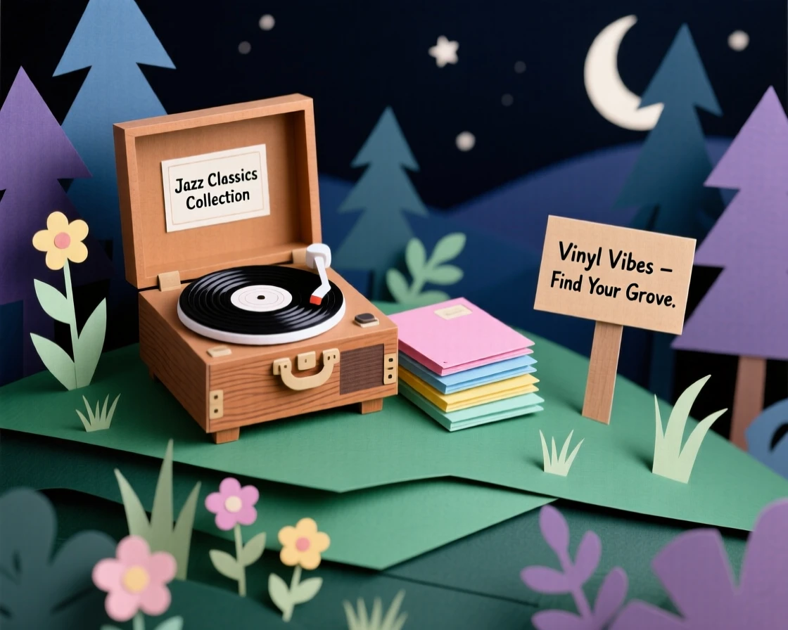 A vintage vinyl collector set up on a quiet hilltop at night, with nature framing the scene beautifully, evoking creative passion and focus.