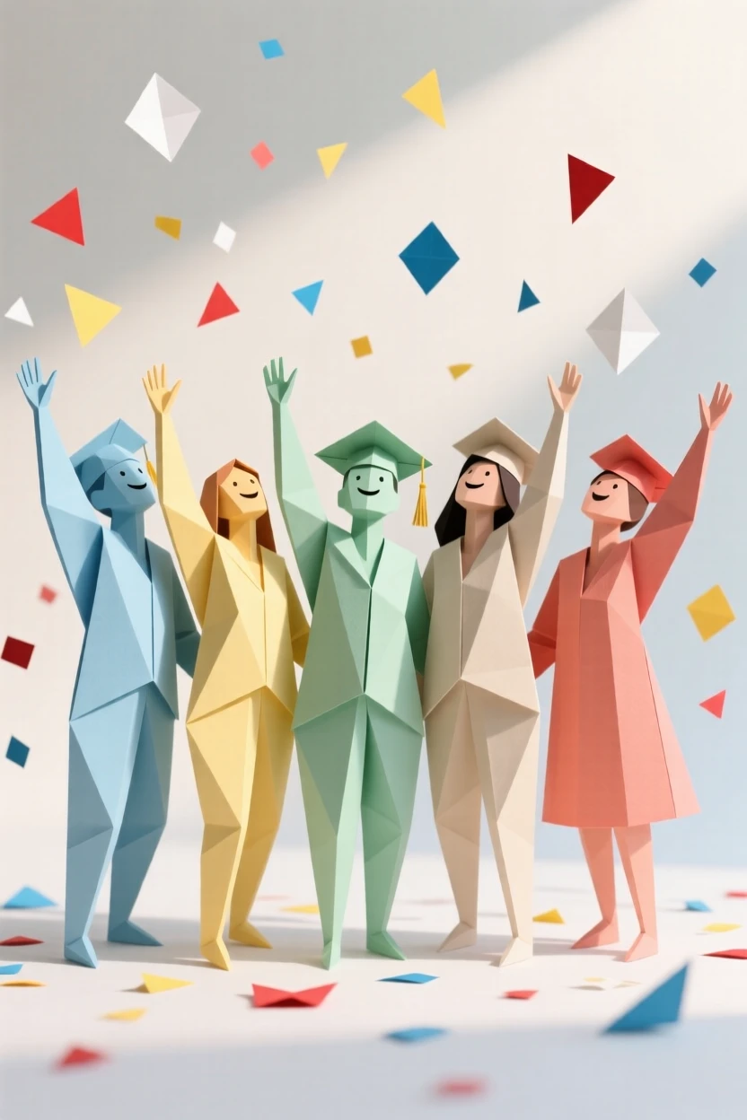 A group of friends celebrating a graduation with arms raised and confetti falling.