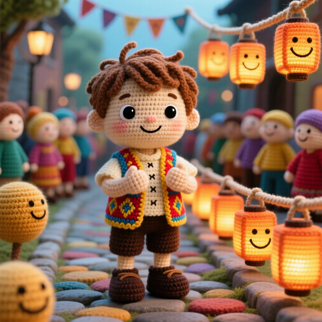 a small boy wearing a festival vest with embroidered patterns, for a folk celebration, is shown clapping along to lively music in a bustling street decorated for a festival beside a row of glowing lanterns lining the path, capturing joyful community celebration and shared tradition.