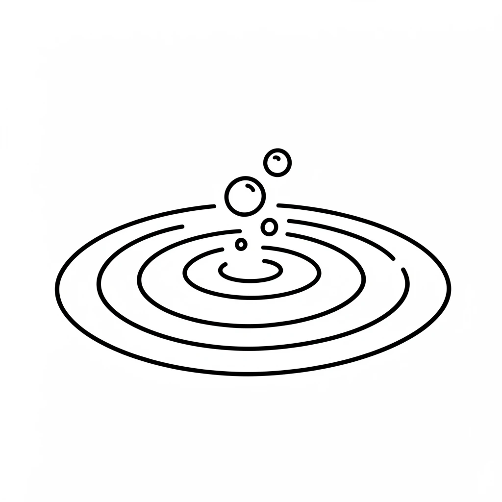 Minimalist black-and-white illustration of water ripples with concentric circles and bubbles, perfect for serene or abstract designs.