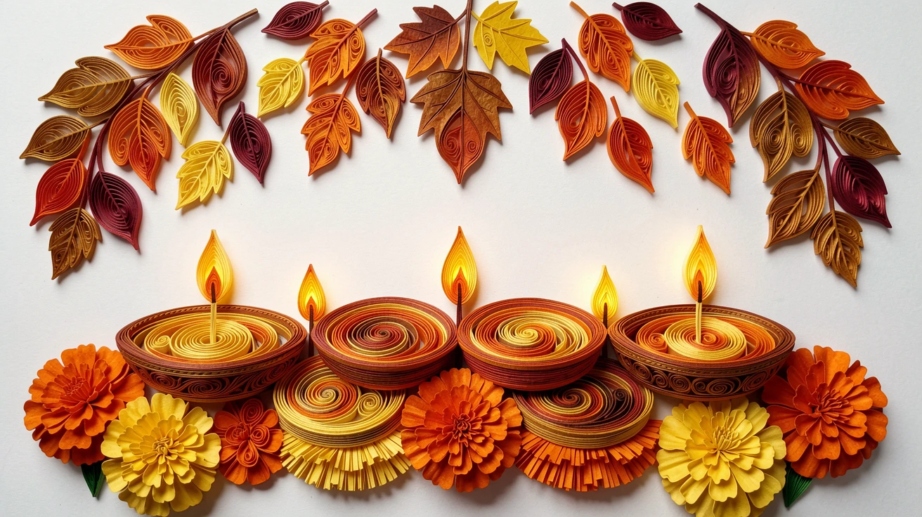 A festive holiday scene of a Diwali display of glowing oil lamps and marigolds beneath a canopy of falling autumn leaves, with soft candlelight flickering throughout the scene, arranged symmetrically for a balanced festive feel.