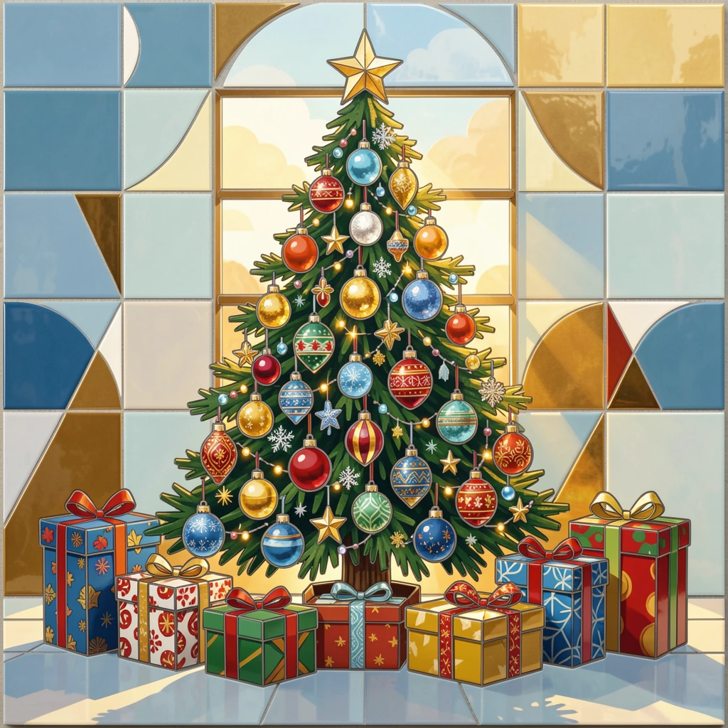 A vibrant, festive scene of a Christmas morning scene with a beautifully decorated tree and gifts, rich in color and cultural detail.