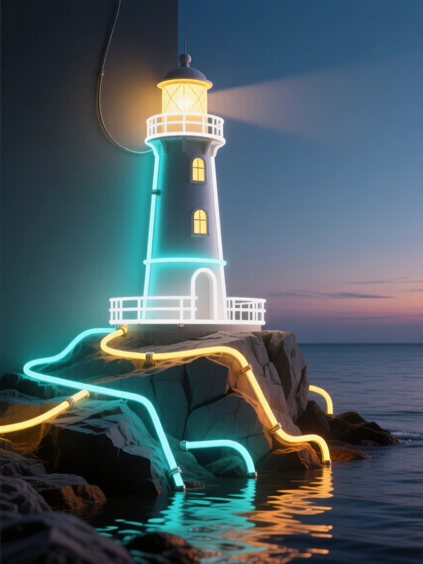 An intimate close-up study of a lone lighthouse on a rocky point during a calm evening.