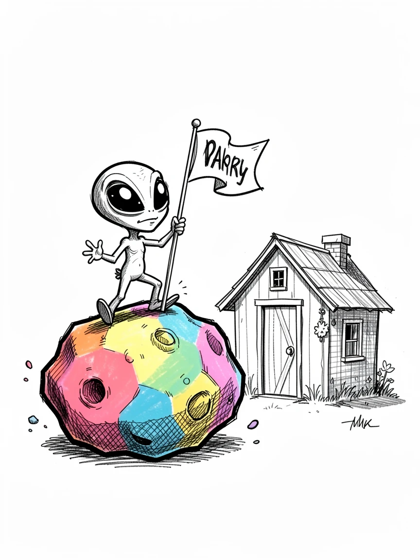 A tiny alien planting a flag on a colorful asteroid beside a garden shed.