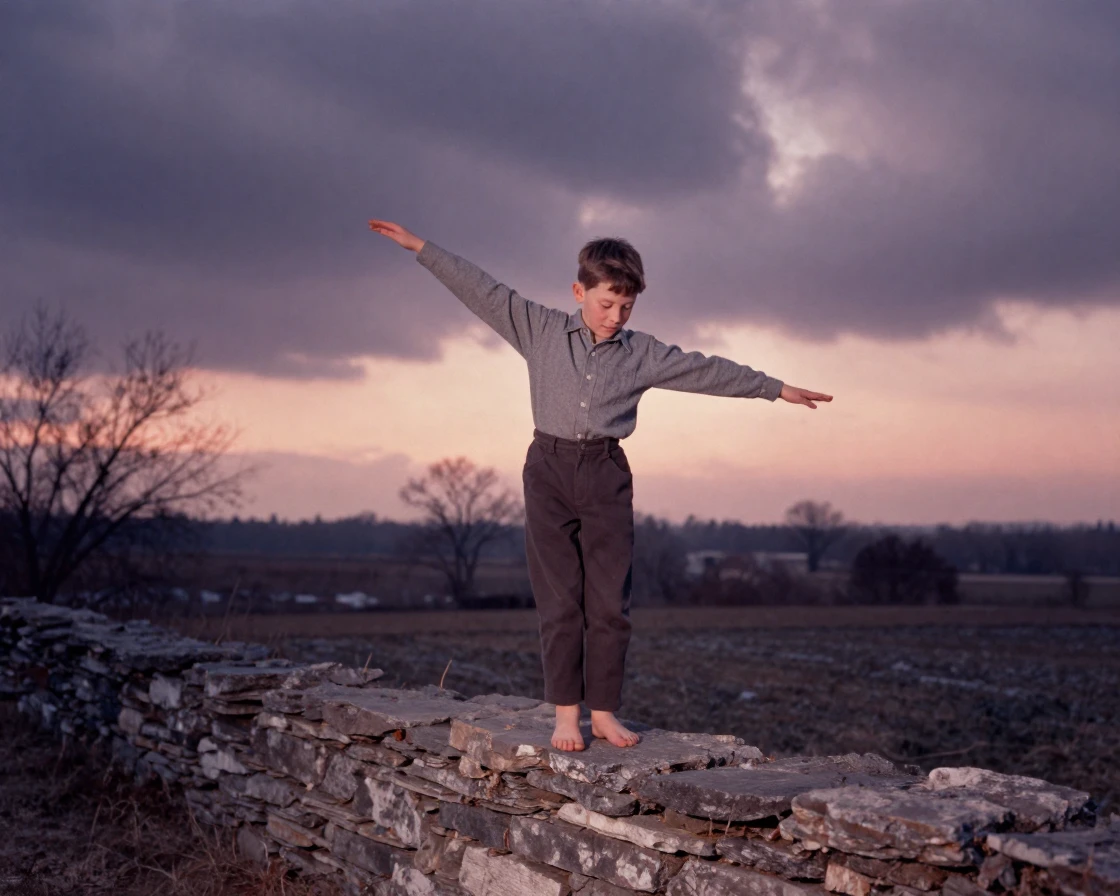 A barefoot boy balancing on a low stone wall, arms outstretched, under a glowing sunset sky, under a darkening storm sky, in the depths of winter, in dusty lavender and rose tones, shot from directly overhead.