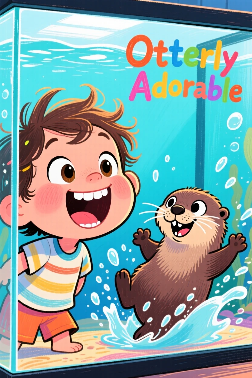 A child giggling as a curious otter splashes playfully nearby at an aquarium.