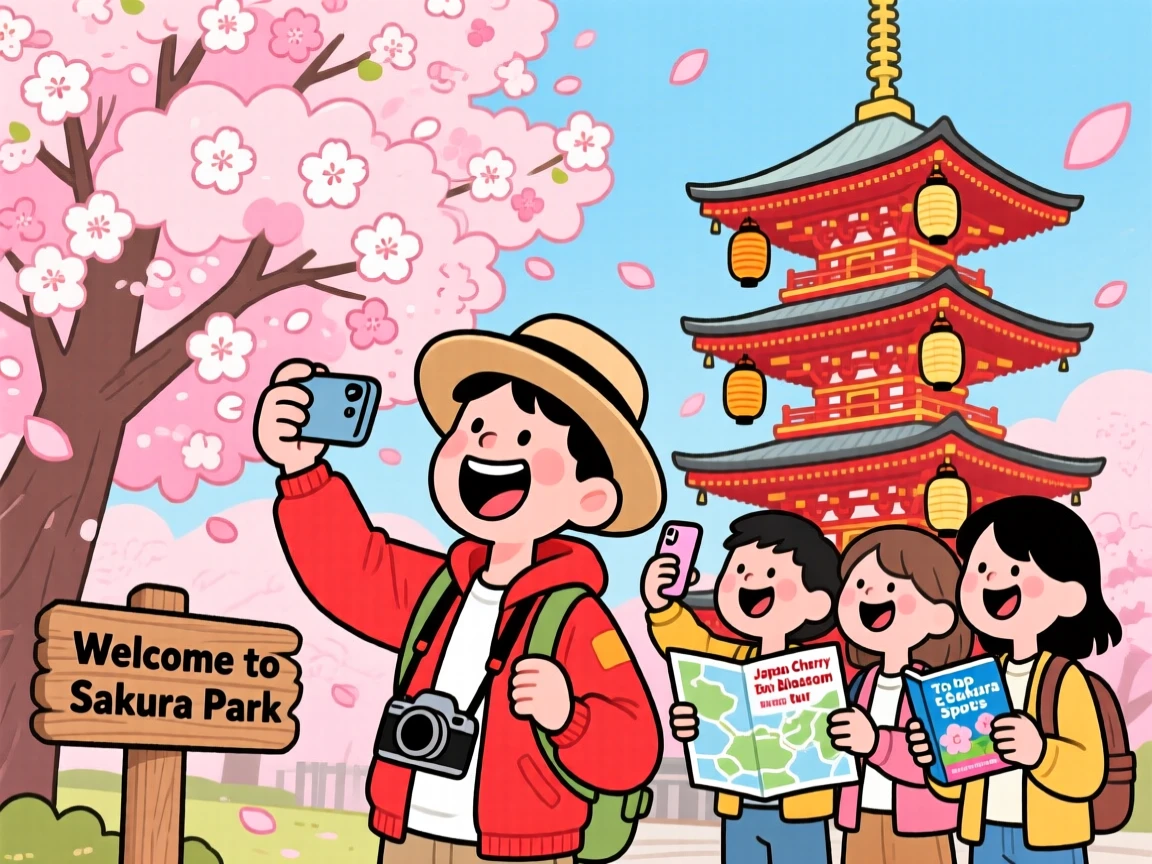 An iconic travel scene featuring a delighted tourist admiring cherry blossoms near a Japanese pagoda, surrounded by cheerful fellow travelers.