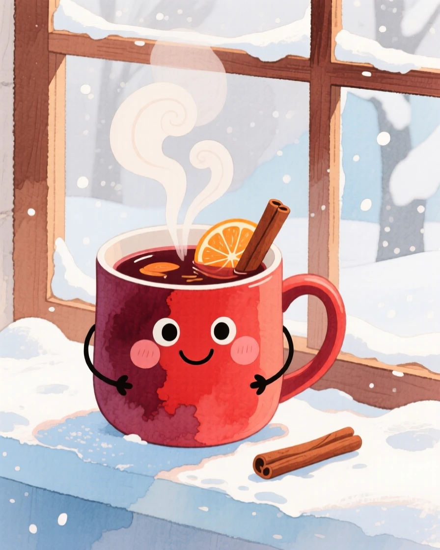 A cozy, appetizing, soft and dreamy scene of a warm mug of mulled wine on a snowy windowsill