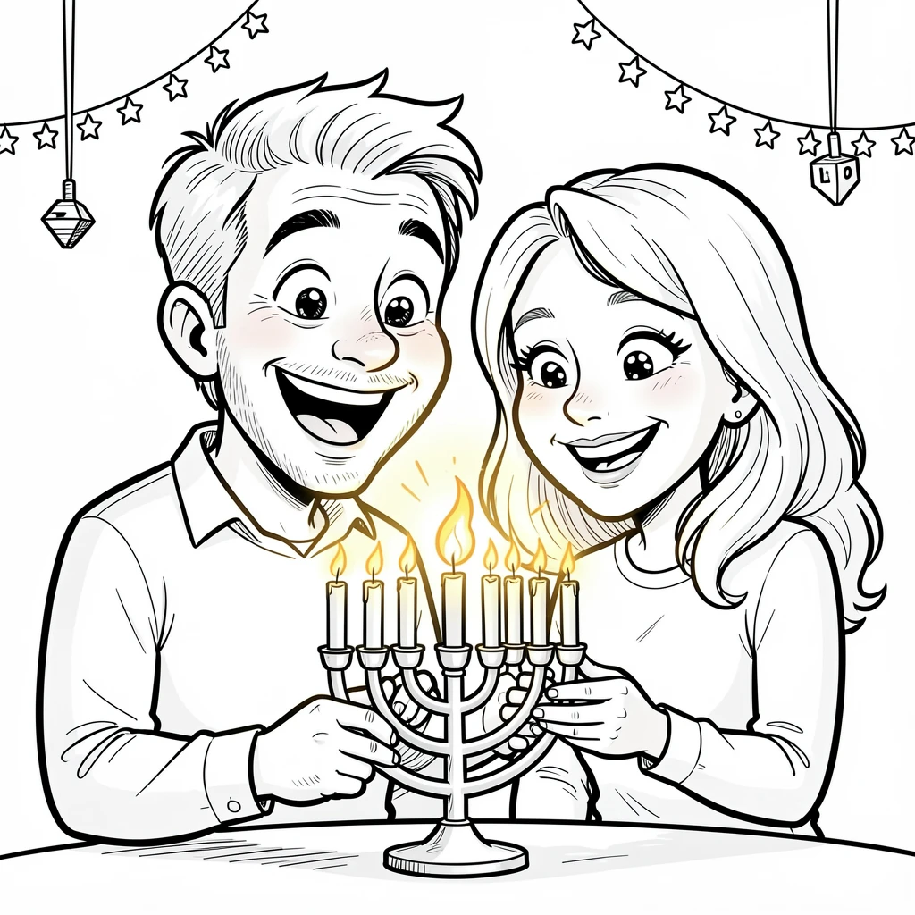 [Seasonal Holidays & Celebrations] Festive scene of a joyful couple lighting a menorah together, full of celebration and joy