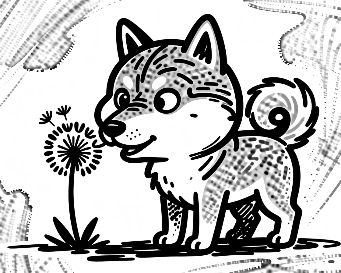 A shiba inu curiously sniffing a single dandelion in a sunny backyard.