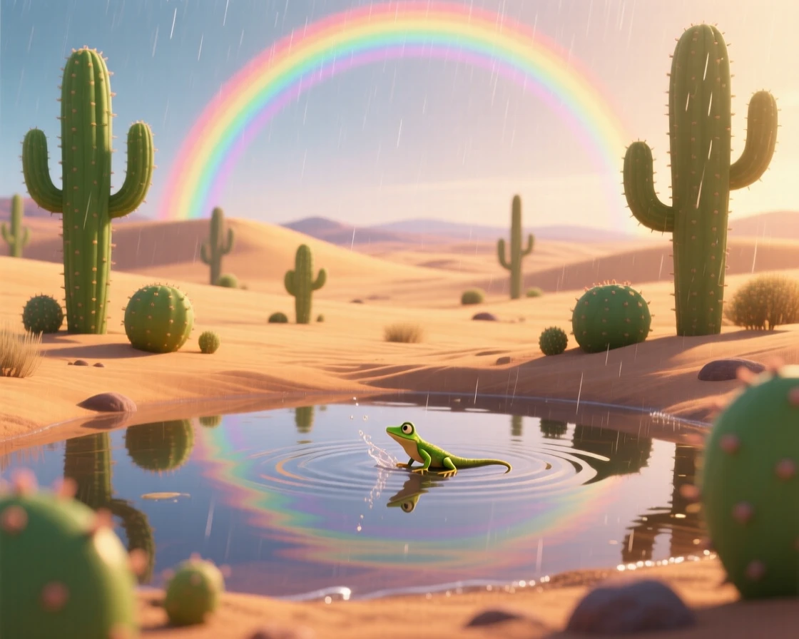 A desert dotted with cacti glows while a rainbow arcs faintly overhead after a storm, with small ripples spreading outward across a pond. A calming stillness settles over the landscape.