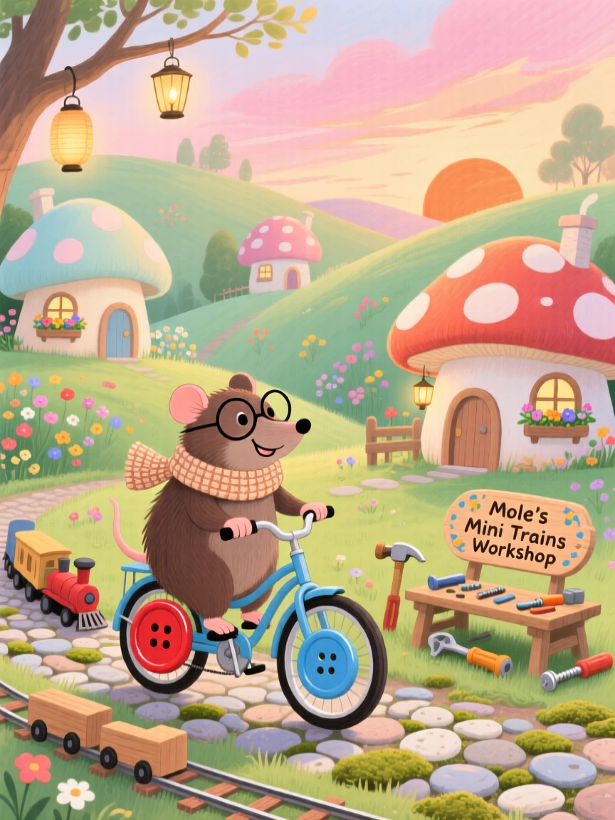 In a neighborhood of mushroom-cap houses, a mole who builds tiny trains spends the day riding a bicycle with mismatched wheels made of buttons, with everything wrapped in a cozy, storybook charm.