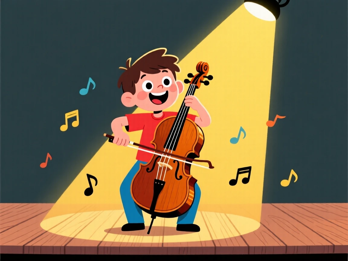 A young cellist performing a solo under a single spotlight.