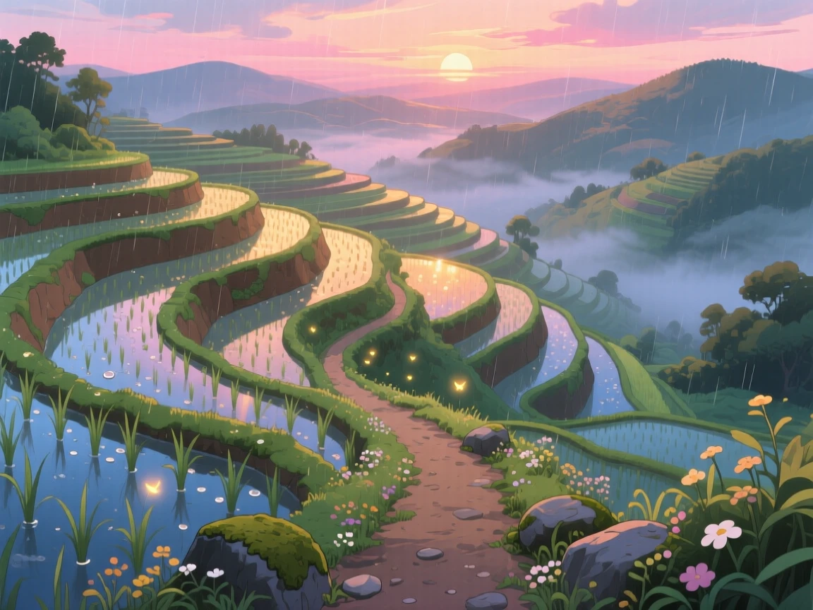 A breathtaking view of a terraced rice paddy glowing at dusk, with a single winding dirt path leading into the distance, just after a rain shower, viewed from a high vantage point.