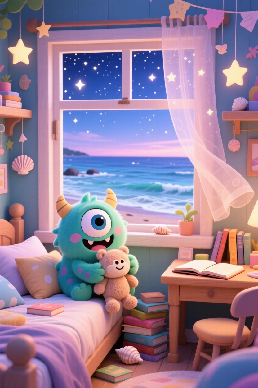 Framed through a window: a tiny googly-eyed monster, hugging a stuffed toy monster, set against a cluttered cozy bedroom on a breezy coastal afternoon, with sparkling starlight and a mood of giggling amusement.