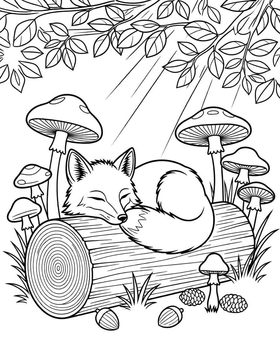 An arctic fox nestled in a hollow log surrounded by mushrooms, with sunlight breaking through the canopy above.