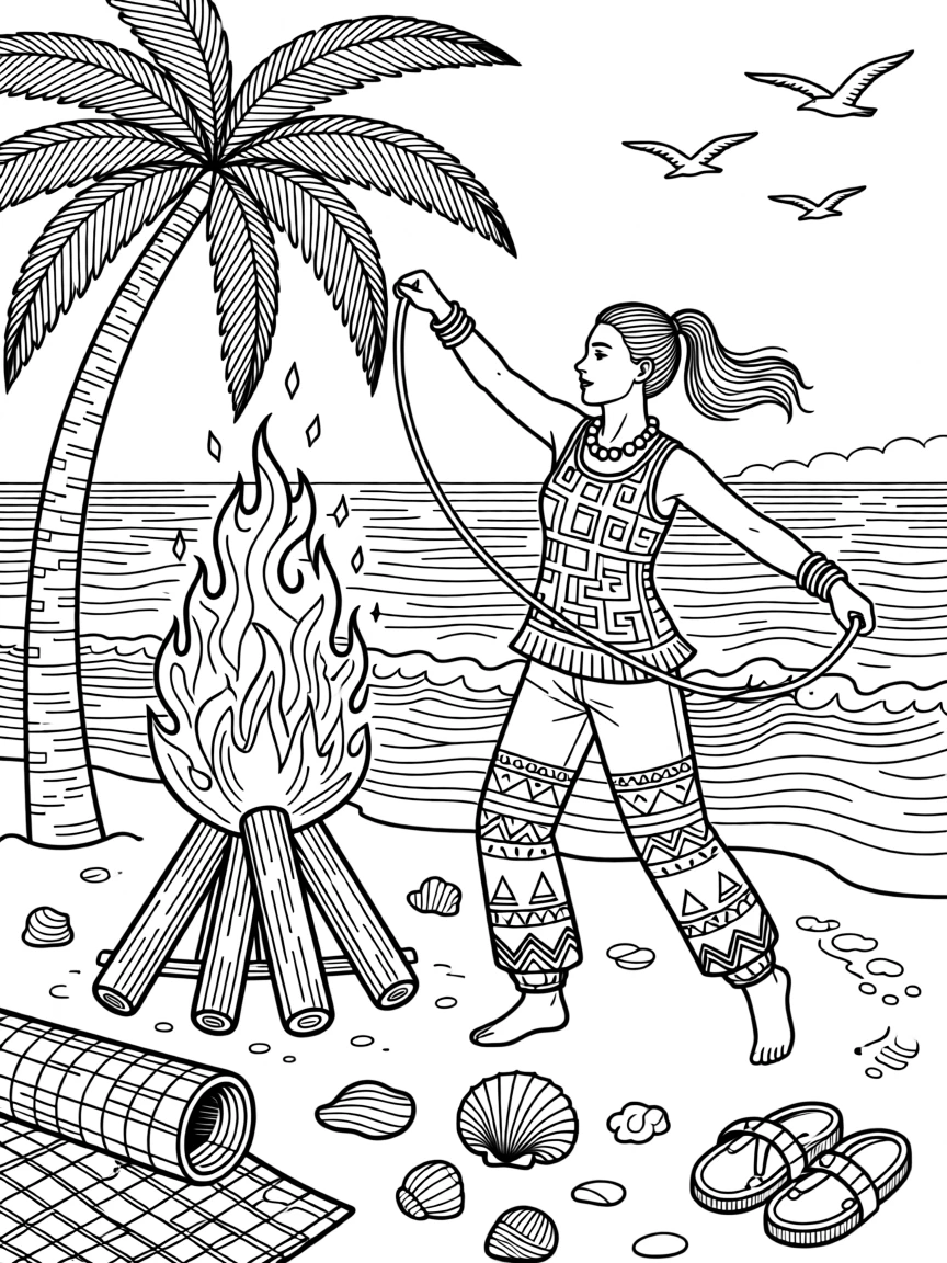 A fire dancer performing beside a beach bonfire.