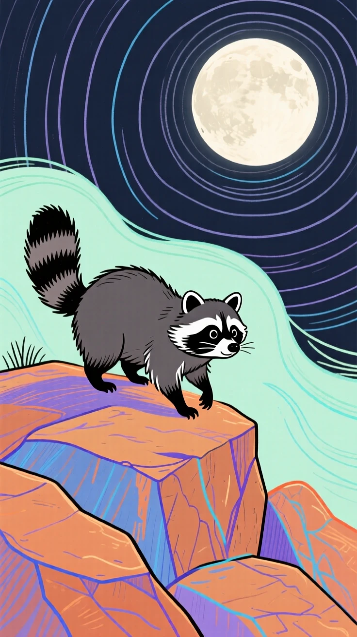 A curious raccoon playing on a rocky hillside under a full moon.