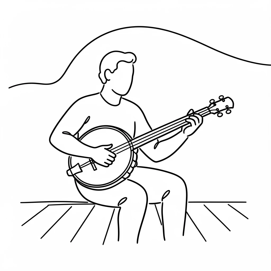 A folk musician playing a banjo on a porch at sunset