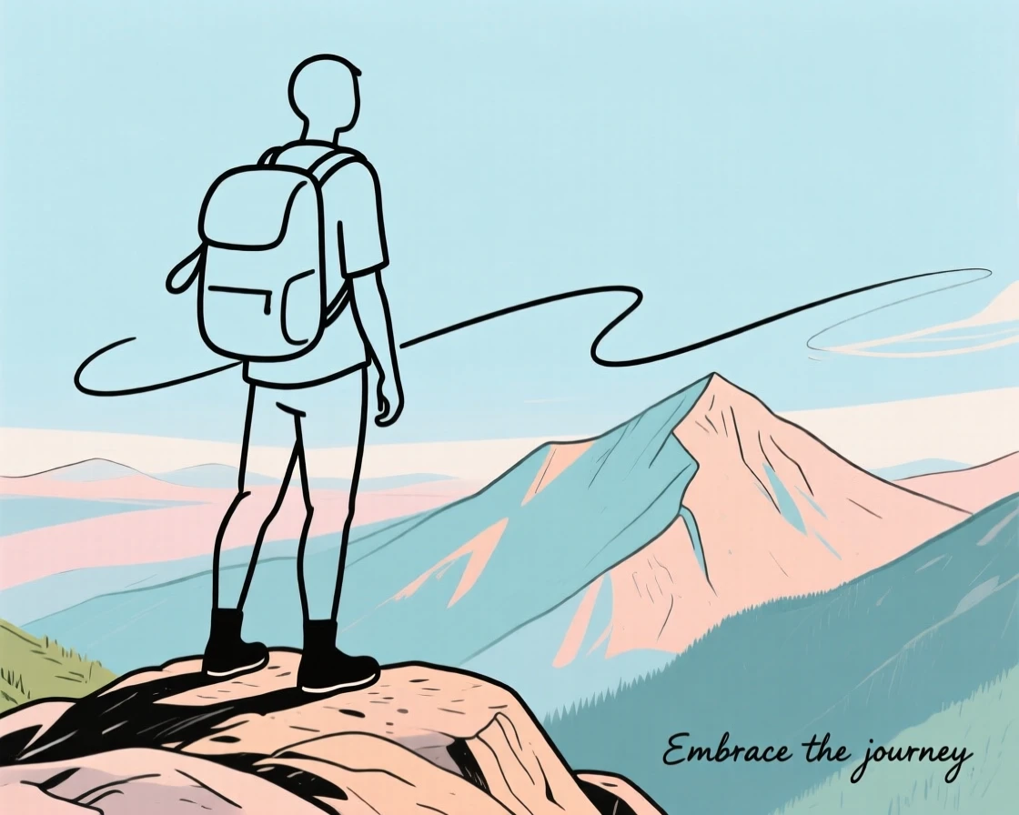 A backpacker standing atop a mountain vista