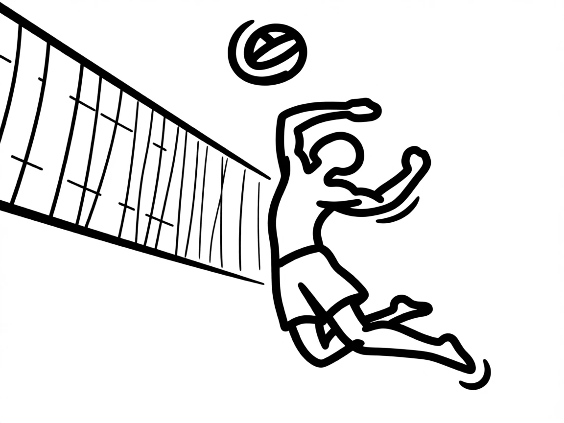 A volleyball player spiking the ball at the net during a beach match.