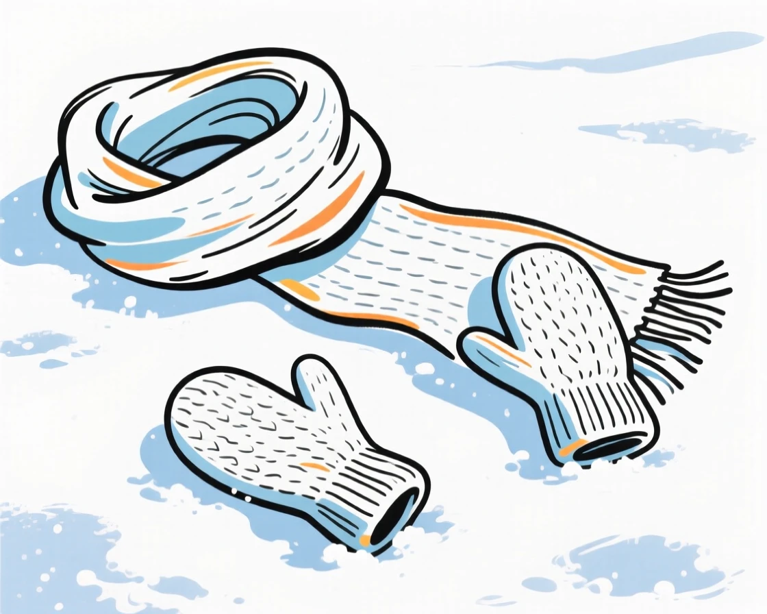 A knitted winter scarf and matching mittens laid out on snow.