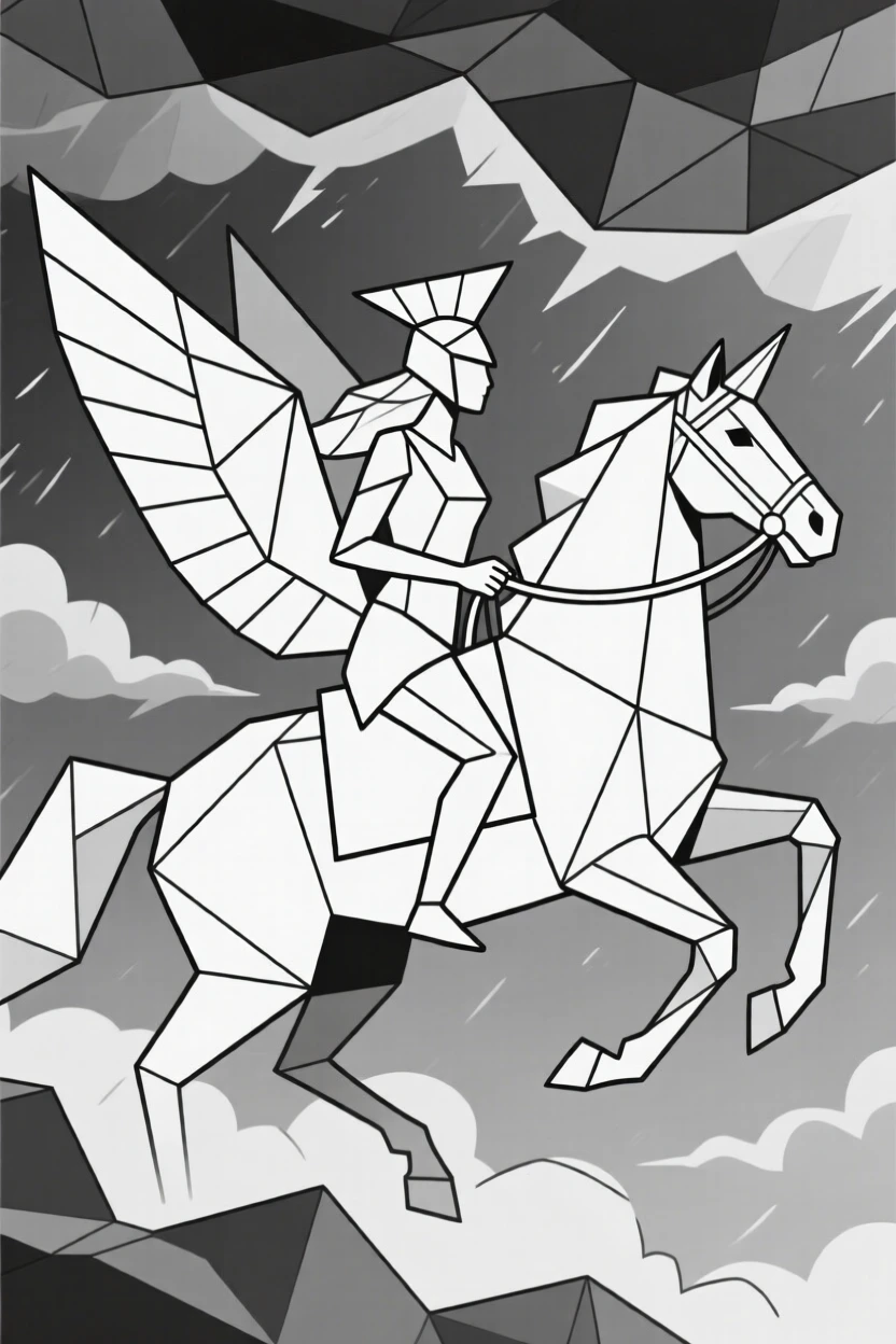A valkyrie riding a winged horse through storm clouds