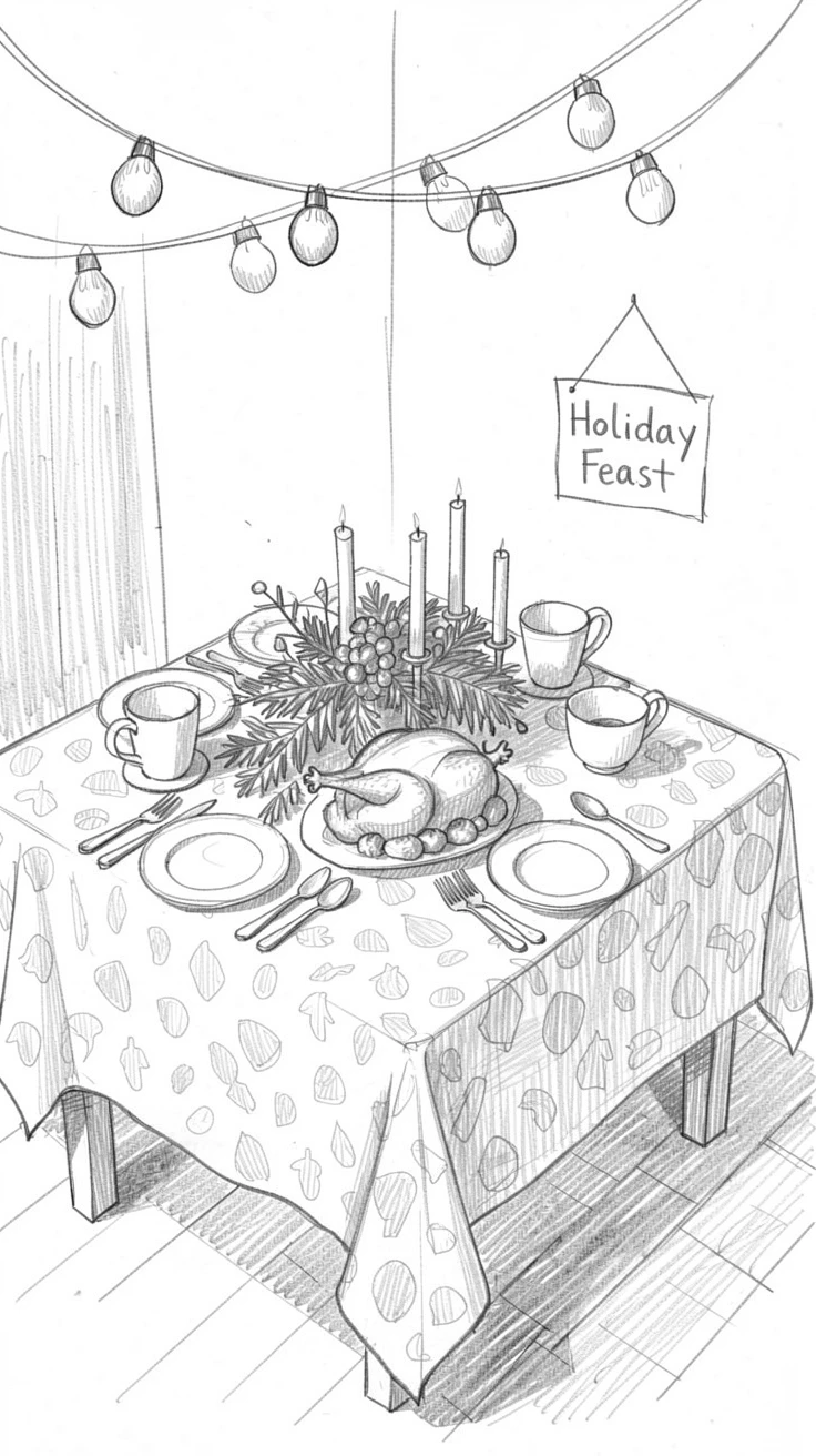 A joyful holiday moment: a table set for a festive holiday feast beneath strings of festive lights, with festive colors filling the frame.