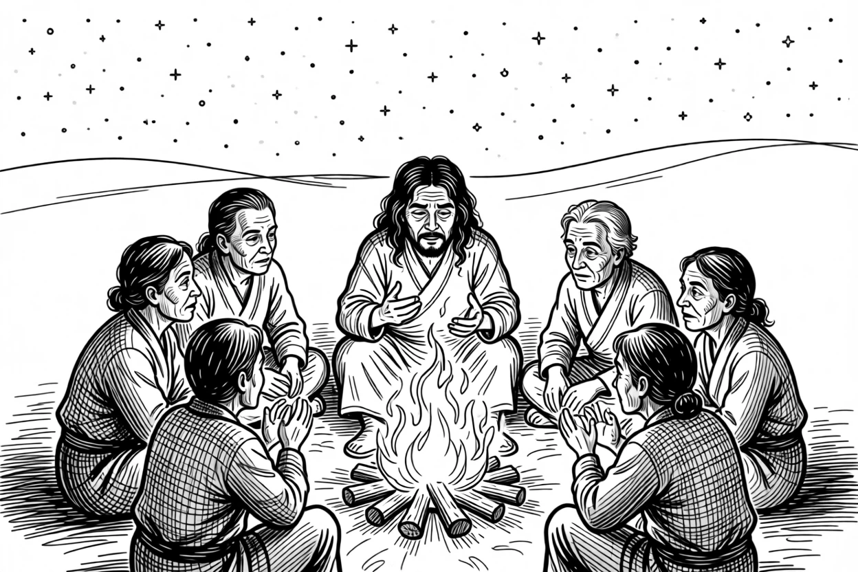 A traditional storytelling gathering around a fire under a starlit sky.