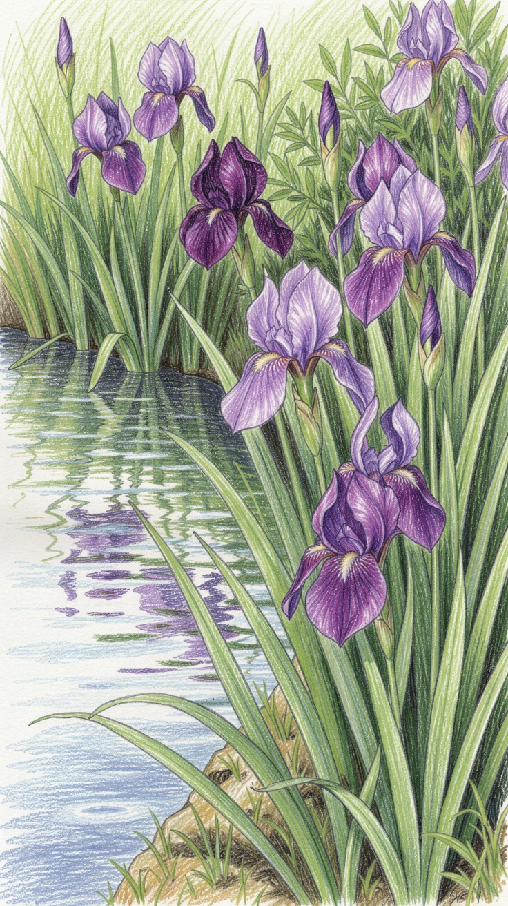 A quiet pond edge lined with blooming iris in shades of purple, with rich, inviting textures throughout the scene, designed to feel inviting, memorable, and shareable.