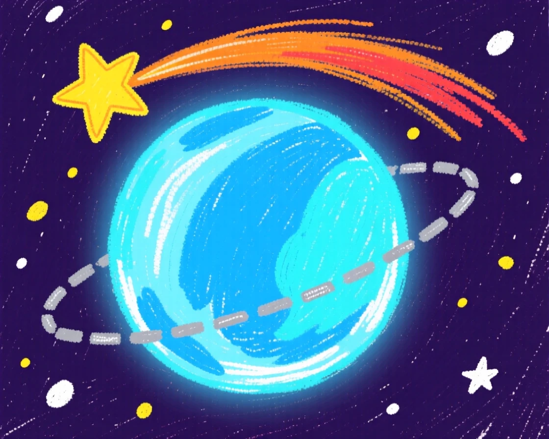 A shooting star orbiting gently above a glowing blue planet.