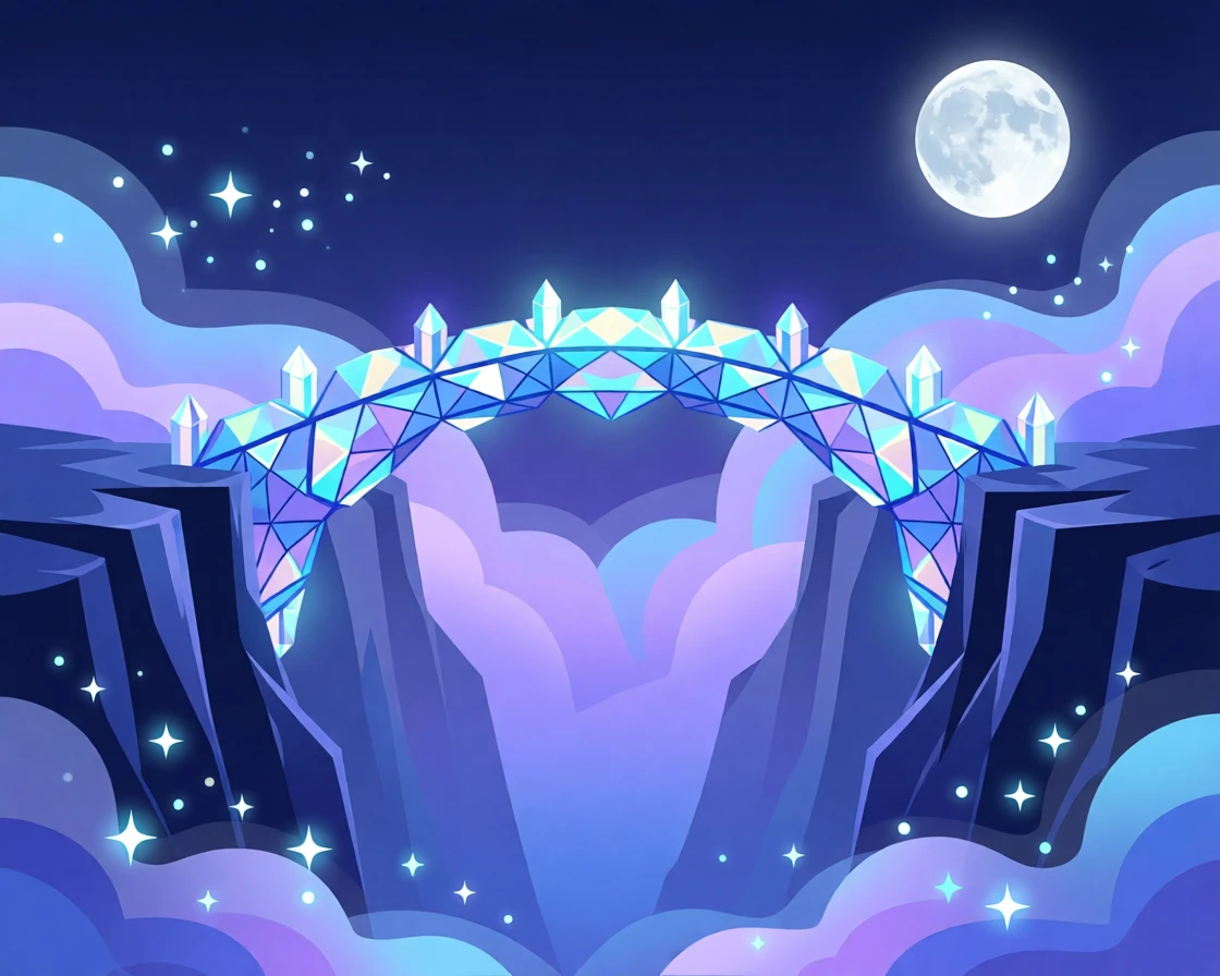 A magical bridge made of glowing crystal spanning a misty canyon, surrounded by a magical mist glowing faintly in the moonlight, framed to evoke a sense of magic and enchantment, with subtle magical particles drifting through the air.