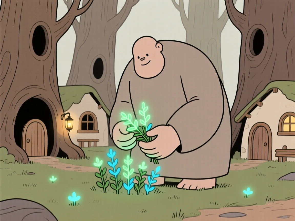 A gentle giant gathering glowing herbs near a hollow tree village.