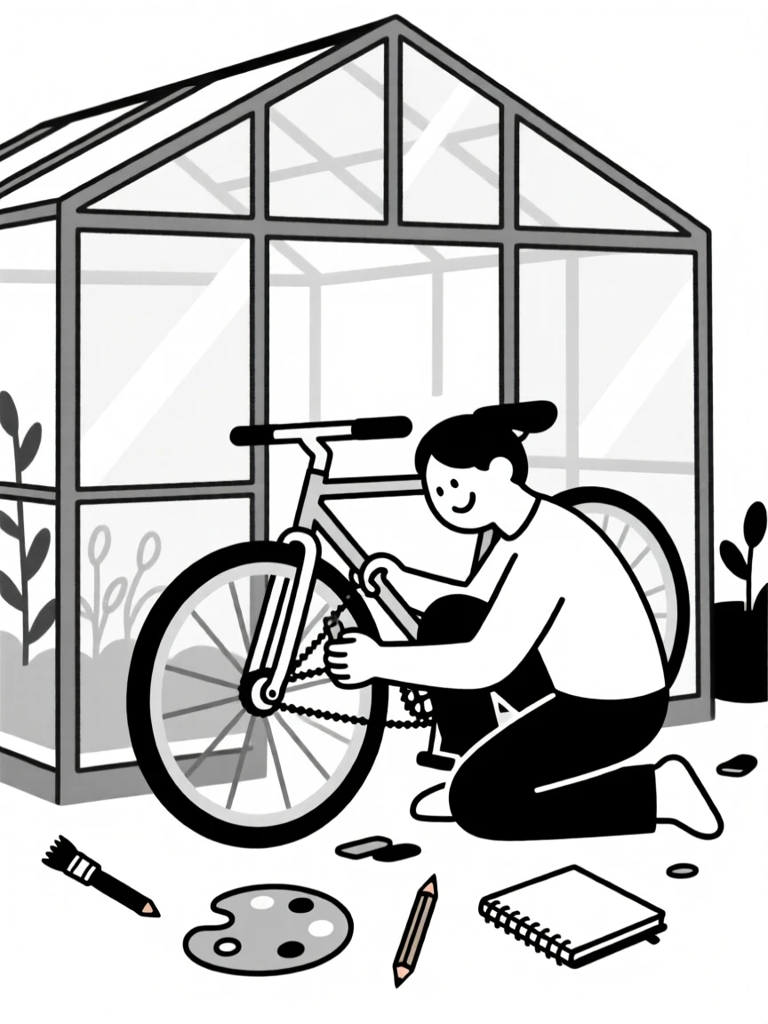A person repairing a bicycle in a garden greenhouse, surrounded by scattered art supplies, showing joyful discovery.