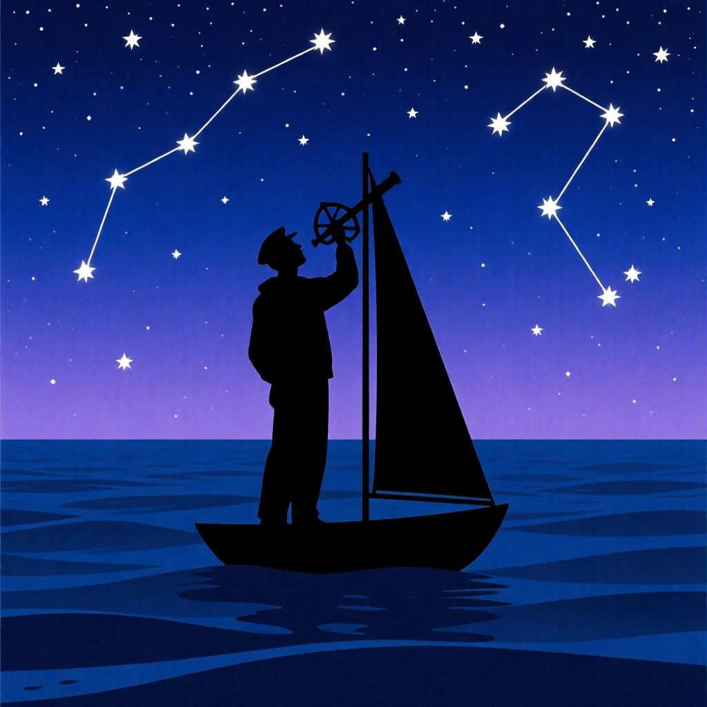 A lone sailor navigating by the stars on a calm open ocean night.