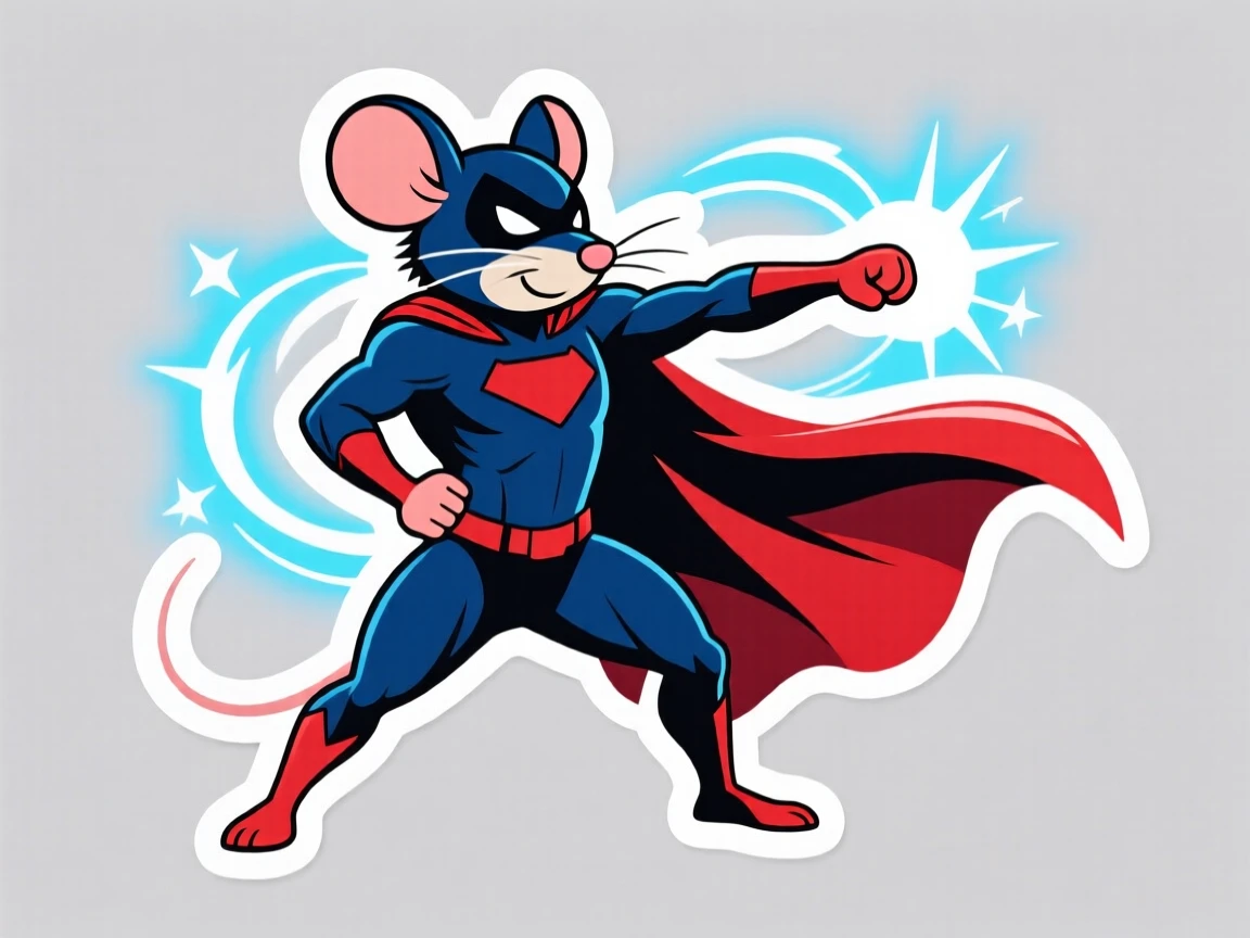 A dynamically posed masked superhero mouse striking a heroic pose, surrounded by glowing special effects, during an exciting made-up adventure.