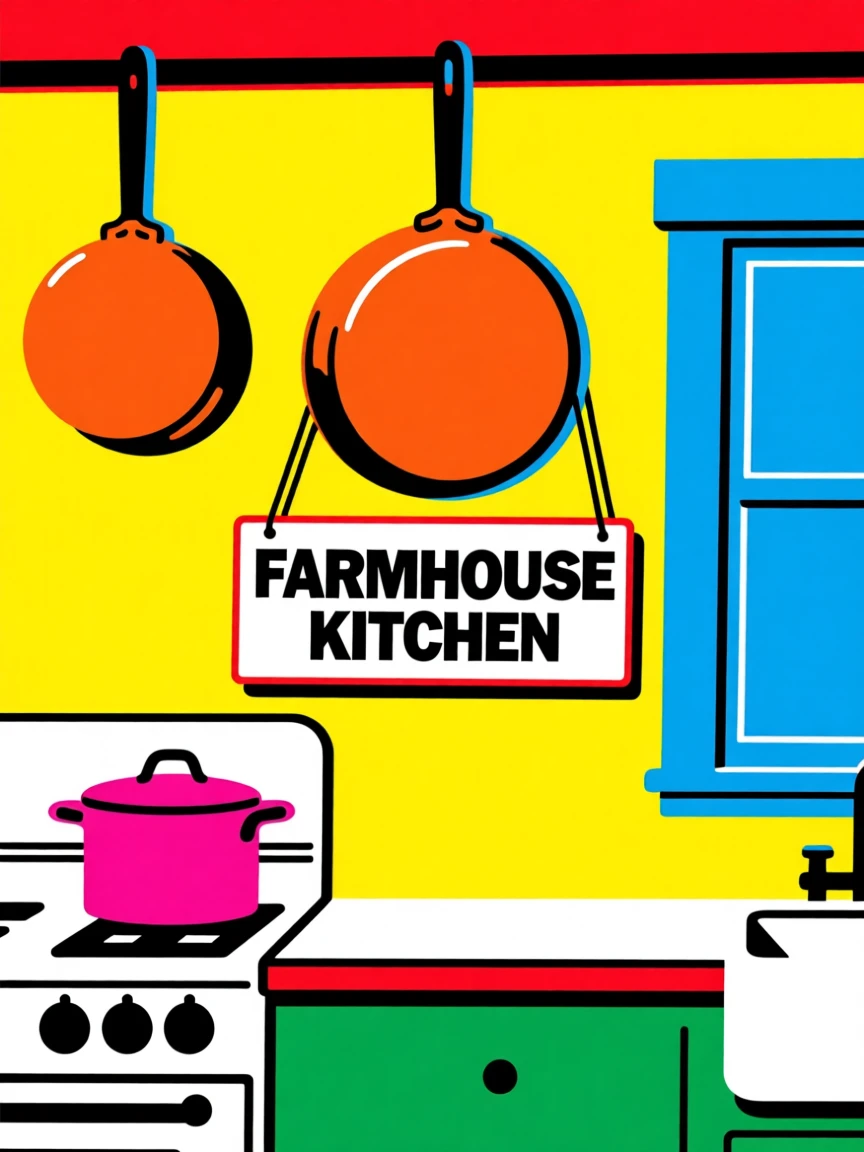 Farmhouse kitchen with hanging copper pots