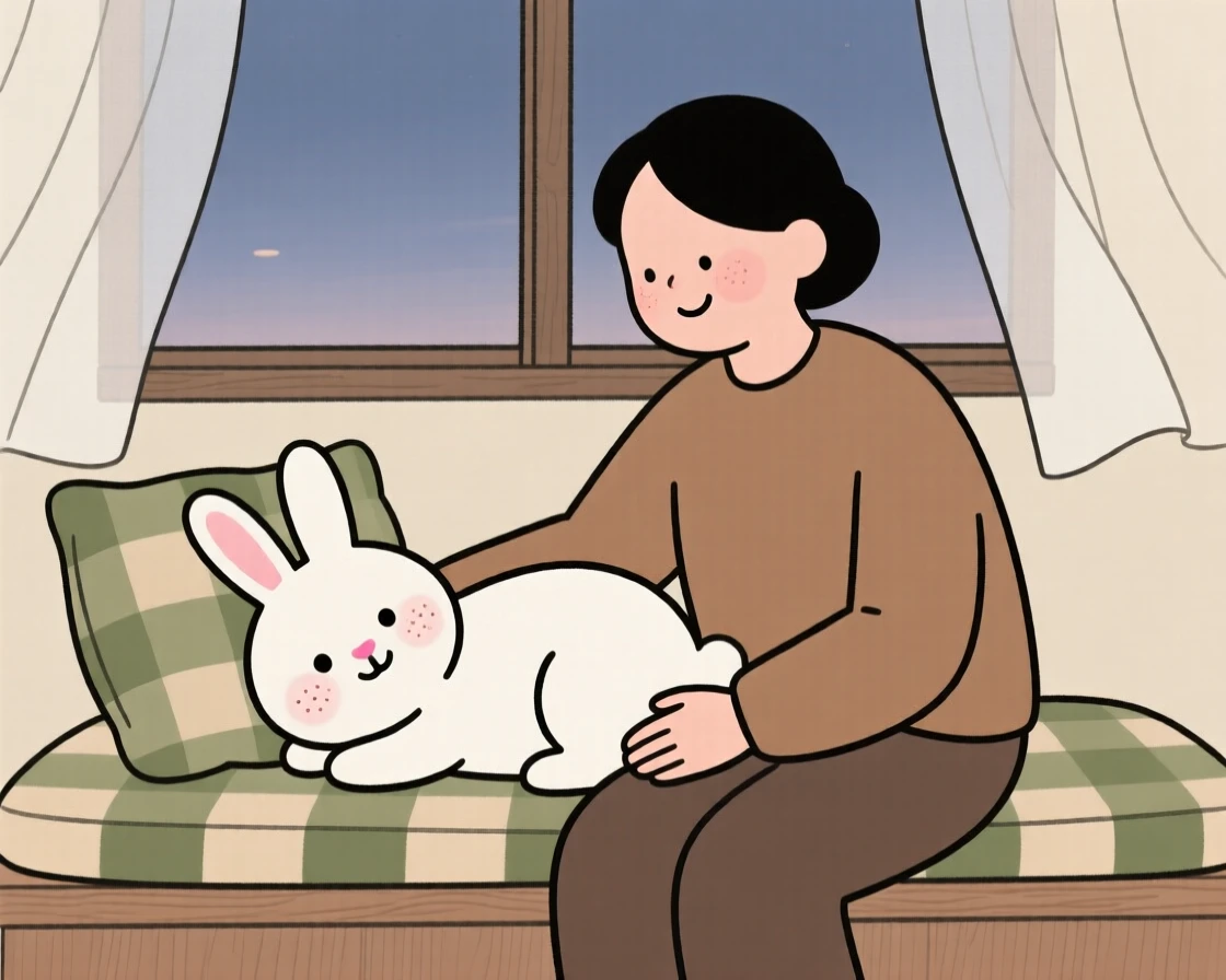 A gentle rabbit rests its head on its owner's lap during a quiet evening on the window seat, both perfectly content.