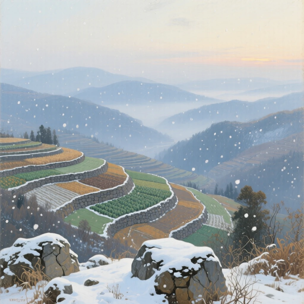 An expansive vista of a scenic viewpoint overlooking a valley dotted with terraced farms, in gentle falling snow, at dawn.
