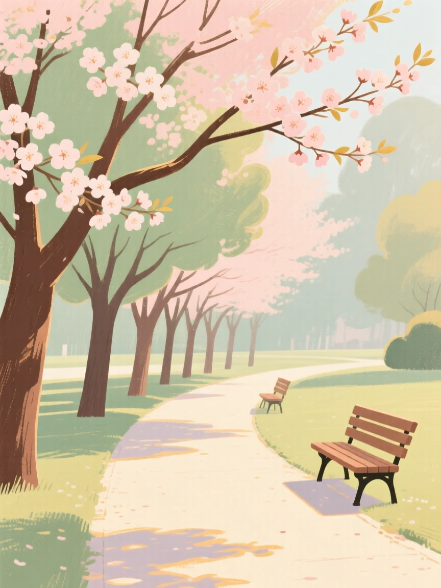 A row of cherry blossom trees lining a quiet park pathway