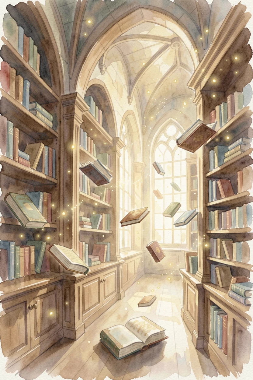 A magical library with books that float off the shelves with glowing fireflies drifting through the air.