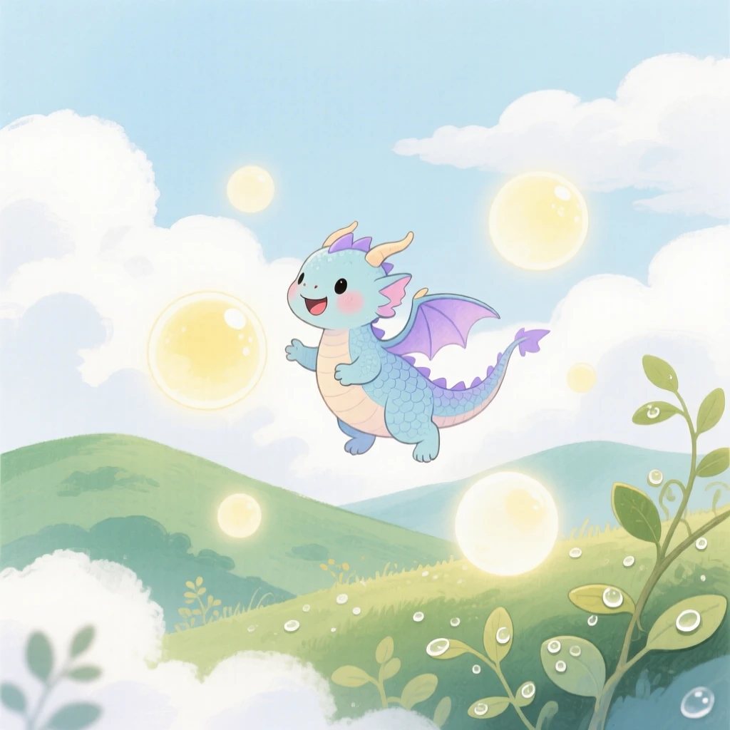 A tiny baby dragon plays among floating glowing orbs in a cloud kingdom above the hills, while dew glistens on every leaf