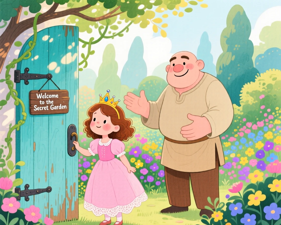 A little princess with a golden crown discovering a secret garden behind an old door for the first time, greeted by a kind-hearted giant.